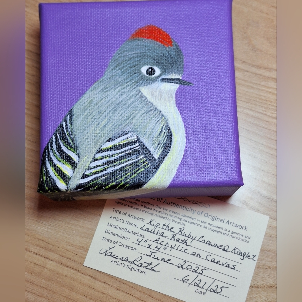 Hand-painted Ruby Crowned Kinglet Canvas Painting - Picture 3 of 8
